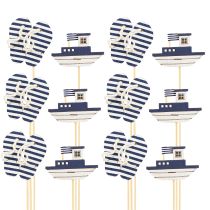Artículo Estaca de Jardín Chanclas Marítimas de Madera Barco Azul Blanco 8cm 12uds