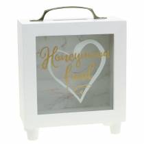 Hucha de boda &quot;Fondo de luna de miel&quot; de madera con frente de cristal blanco H15m