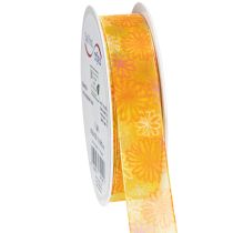 Artículo Cinta de regalo, cinta de organza floral, amarillo/naranja, 25 mm x 18 m