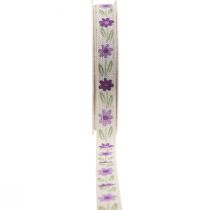 Artículo Cinta de regalo flores cinta de algodón violeta blanco 15mm 20m