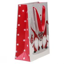 Artículo Bolsa de regalo con asas, diseño de gnomo, rojo, gris, blanco, 24×18×8cm, 4 unidades