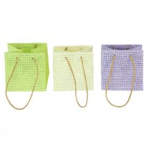 Artículo Bolsas de regalo tejidas con asas verde, amarillo, morado 10,5cm 12ud