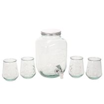 Artículo Dispensador de bebidas de vidrio reciclado con grifo y 4 vasos, 25,5 cm