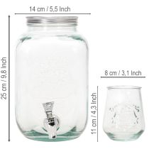 Artículo Dispensador de bebidas de vidrio reciclado con grifo y 4 vasos, 25,5 cm