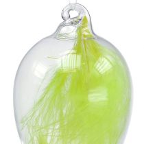 Huevo de vidrio con plumas para colgar 6.5cm verde claro 6pcs