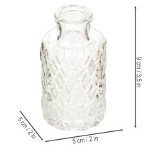 Artículo Mini jarrón de cristal con estampado de rombos, jarrón pequeño de mesa, botella, transparente, 9 cm, 6 piezas