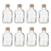 Artículo Jarrón de cristal con forma de botella, jarrón decorativo con corcho, altura 10,5 cm, 8 unidades