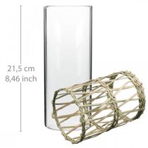 Artículo Jarrón de vidrio cilindro hierba trenzada florero decorativo Ø8cm H21.5cm