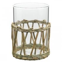 Jarrón de vidrio cilindro hierba trenzada decoración de mesa vidrio Ø8cm H12cm