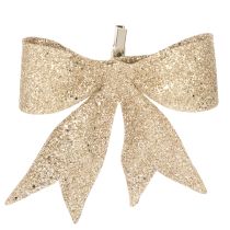 Artículo Lazo con purpurina, lazo decorativo, dorado con clip, 11 cm, 4 unidades