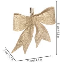 Artículo Lazo brillante, lazo decorativo, dorado con clip, 11 cm, 4 unidades