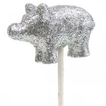 Cerdo de la suerte Nochevieja amuleto de la suerte en un palo plata 3cm 6pcs