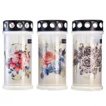 Artículo Velas para tumba con motivos florales blancos Ø7,5cm H16,5cm 6 uds
