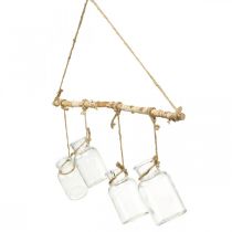 Artículo Decoración de ventana de madera con jarrones de cristal colgantes para arreglos florales.