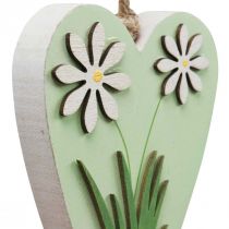 Artículo Corazones decorativos para colgar con flores madera verde, blanco 8,5×12cm 4 piezas