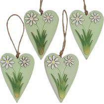 Corazones decorativos para colgar con flores madera verde, blanco 8,5×12cm 4uds