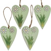 Artículo Corazones decorativos para colgar con flores madera verde, blanco 8,5×12cm 4uds