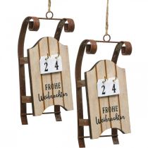 Artículo Trineo decorativo calendario de adviento de madera óxido L14.5cm 2pcs