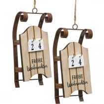 Artículo Calendario de madera trineo decorativo Adviento óxido L14,5cm 2 piezas