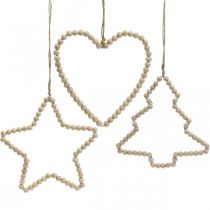 Artículo Percha decorativa Navidad cuentas de madera corazón estrella árbol H16cm 3pcs