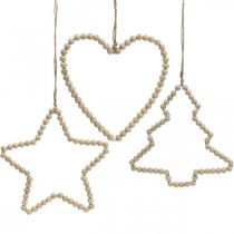 Artículo Cuentas navideñas decorativas de madera corazón estrella árbol H16cm 3 piezas
