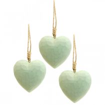Artículo Corazón de madera colgador decorativo corazón de madera decoración verde 12cm 3 piezas