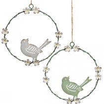 Corona con pájaro, decoración de metal para colgar, blanco primavera / verde Ø14,5cm juego de 2