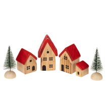 Artículo Conjunto de casitas decorativas de madera con tejados rojos y abetos, 12 cm, 6 piezas