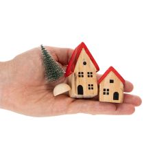Artículo Conjunto de casitas decorativas de madera con tejados rojos y abetos, 12 cm, 6 piezas