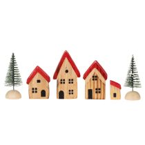 Artículo Conjunto de casitas decorativas de madera con tejados rojos y abetos, 12 cm, 6 piezas