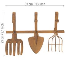 Artículo Perchero con ganchos para herramientas de jardín, adornos de jardín, rastrillo, pala y azada; perchero de metal oxidado, 33,5 cm de largo.