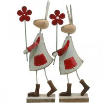 Artículo Decoración de Pascua, conejo de metal, decoración de primavera, conejo de Pascua con flor rojo, beige H21cm 2pcs