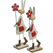 Decoración de Pascua, conejo de metal, decoración de primavera, conejo de Pascua con flor rojo, beige H21cm 2pcs