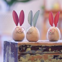 Artículo Figuras decorativas de conejo de madera con caras para acentos lúdicos en mesas y estanterías, 14 cm, 3 piezas