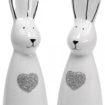 Conejo de cerámica blanco y negro, decoración de conejo de pascua pareja de conejos con corazón H20.5cm 2pcs