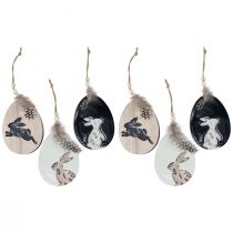 Artículo Conejito en huevo huevos de Pascua de madera para colgar blanco negro 10cm 6 piezas