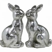 Artículo Conejo decorativo sentado Decoración de Pascua plata vintage H17cm 2 uds