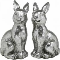 Artículo Conejo decorativo sentado Decoración de Pascua plata vintage H13cm 2 uds