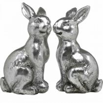 Artículo Conejo decorativo sentado Decoración de Pascua plata vintage H13cm 2 uds