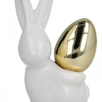 Conejos con huevo de oro, conejos de cerámica para Pascua blanco noble, dorado H13cm 2pcs
