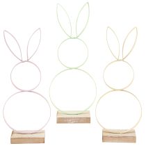 Artículo Conejo Decorativo Metal Madera Natural Amarillo Menta Rosa H28cm 3 Piezas