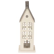 Artículo Casa decorativa de metal con ventanas y chimenea, 28 cm.