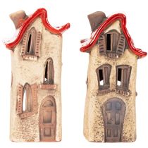 Artículo Decoración de casa de cerámica con techo rojo, casa iluminada, 15 cm, 2 piezas