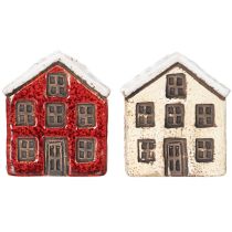 Artículo Portavelas de cerámica, casita decorativa con nieve para decoración de mesa, 7 cm, 2 piezas