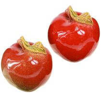 Artículo Decoración de otoño de cerámica con forma de manzana, decoración de mesa, color rojo y verde, 9 cm de alto, 2 unidades