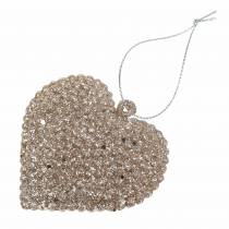 Artículo Corazón con purpurina para colgar champagne 6cm x 6.5cm 12uds