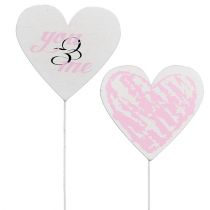 Artículo Corazón en palo 7cm blanco, rosa 12 piezas