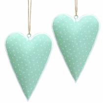 Colgante corazón metal verde, blanco punteado H11cm 6ud