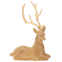 Artículo Figura decorativa de un ciervo recostado con astas, decoración flocada, 58 cm.