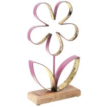 Artículo Flor decorativa de metal y madera sobre base oro rosa viejo Al. 35 cm